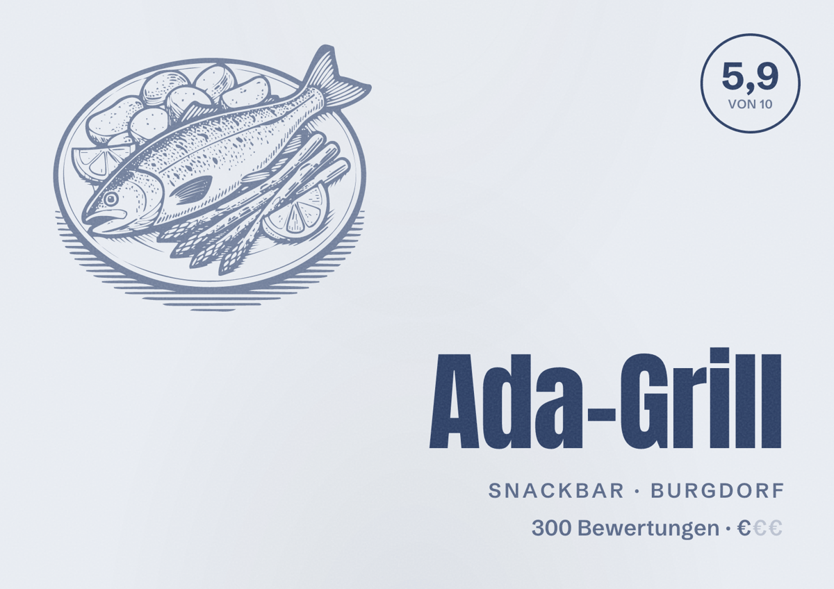 Illustriertes Poster von Ada-Grill, Snackbar in Burgdorf: Bewertung 5,9 von 10 aus 300 Bewertungen, Preisniveau €