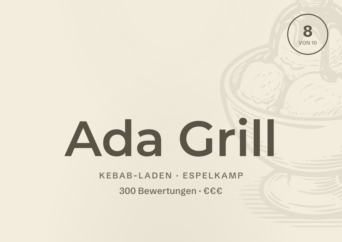 Illustriertes Poster von Ada Grill, Kebab-Laden in Espelkamp: Bewertung 8 von 10 aus 300 Bewertungen, Preisniveau €€€