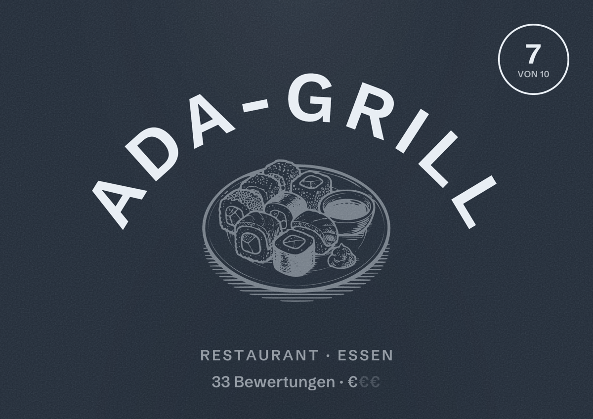 Illustriertes Poster von Ada-Grill, Restaurant in Essen: Bewertung 7,0 von 10 aus 33 Bewertungen, Preisniveau €