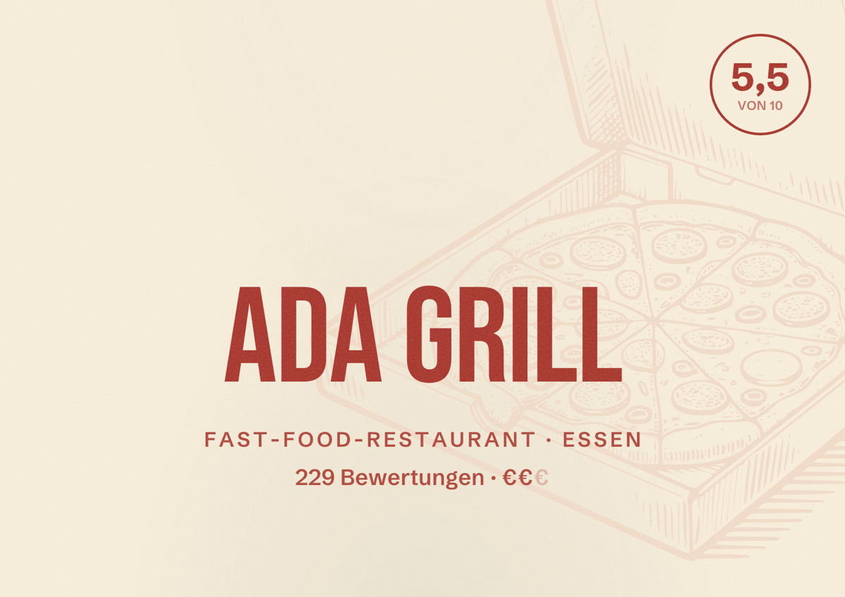 Illustriertes Poster von ADA Grill, Fast-Food-Restaurant in Essen: Bewertung 5,5 von 10 aus 229 Bewertungen, Preisniveau €€