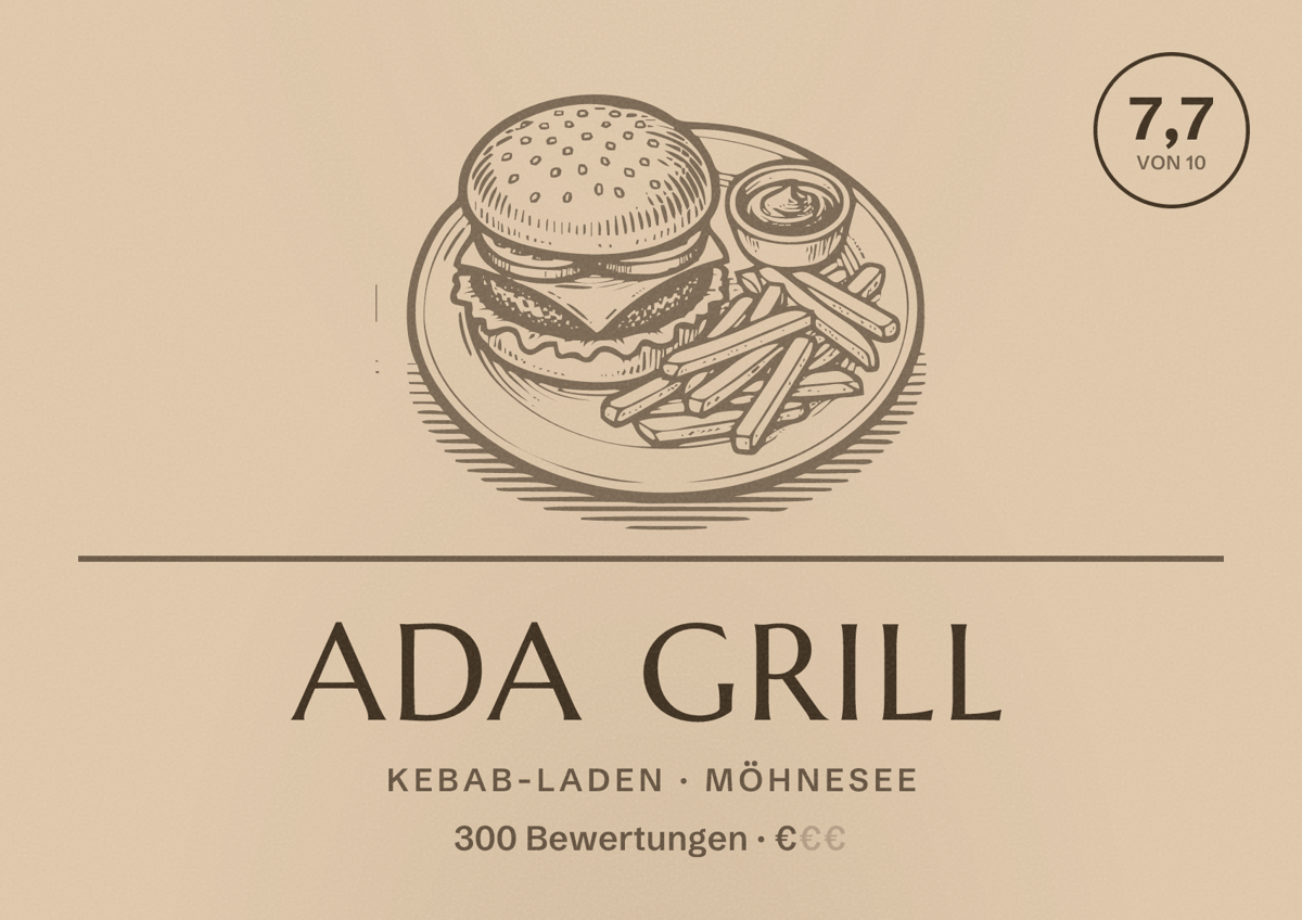 Illustriertes Poster von Ada Grill, Kebab-Laden in Möhnesee: Bewertung 7,7 von 10 aus 300 Bewertungen, Preisniveau €