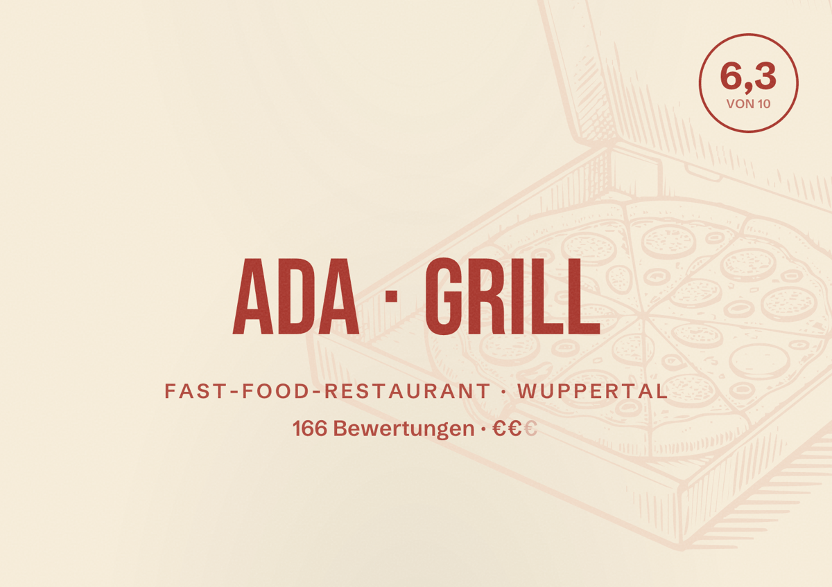 Illustriertes Poster von Ada Grill, Fast-Food-Restaurant in Wuppertal: Gästebewertung 6,3 von 10 aus 166 Bewertungen