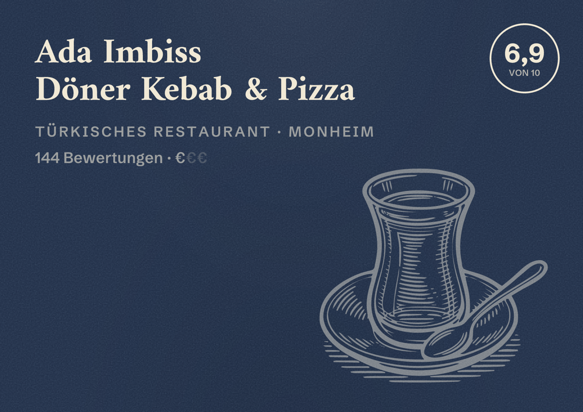 Illustriertes Poster von Ada Imbiss Döner Kebab & Pizza, Türkisches Restaurant in Monheim: Bewertung 6,9 von 10 aus 144 Bewertungen, Preisniveau €