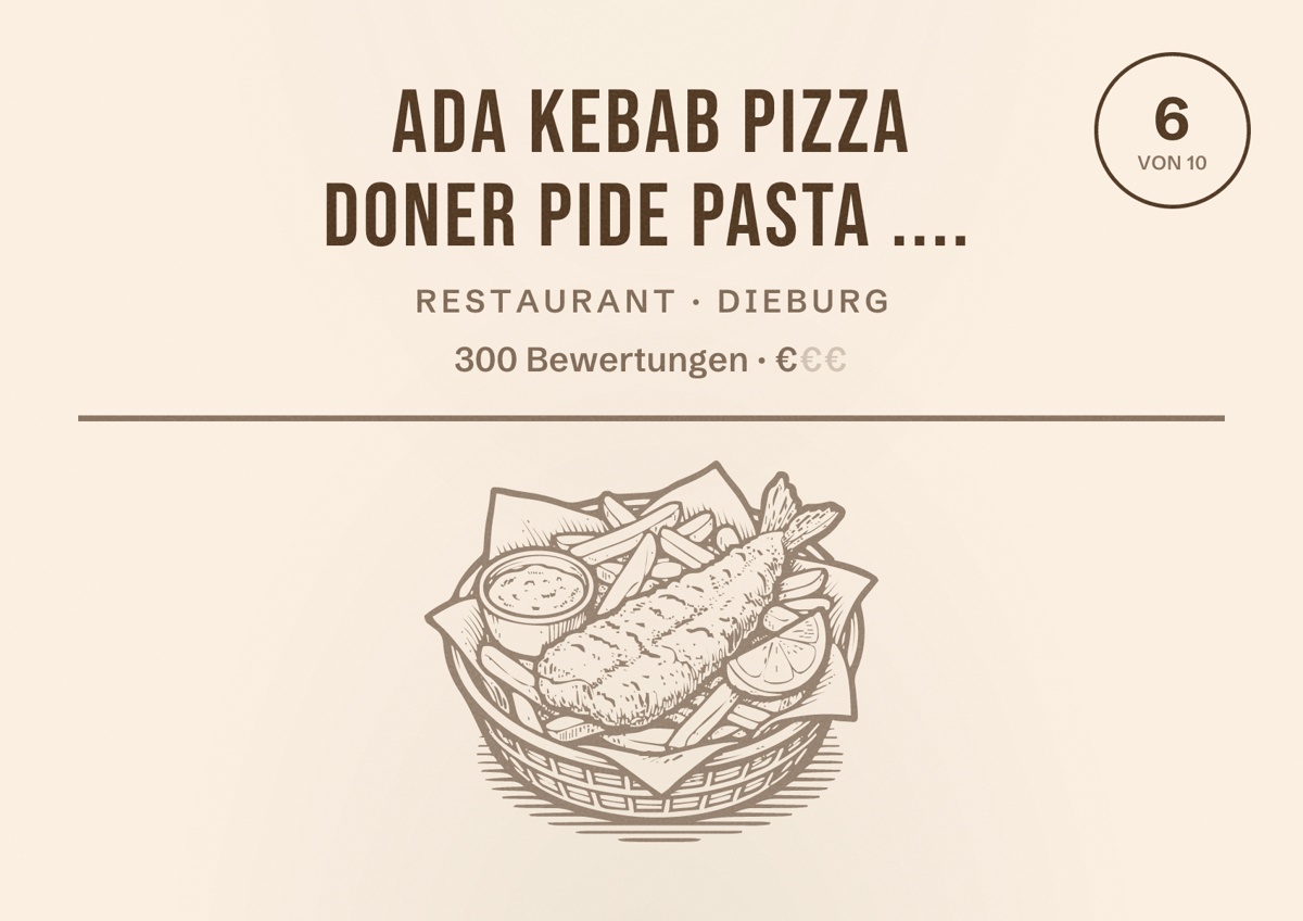 Illustriertes Poster von Ada Kebab Pizza Doner pide pasta ...., Restaurant in Dieburg: Bewertung 6 von 10 aus 300 Bewertungen, Preisniveau €