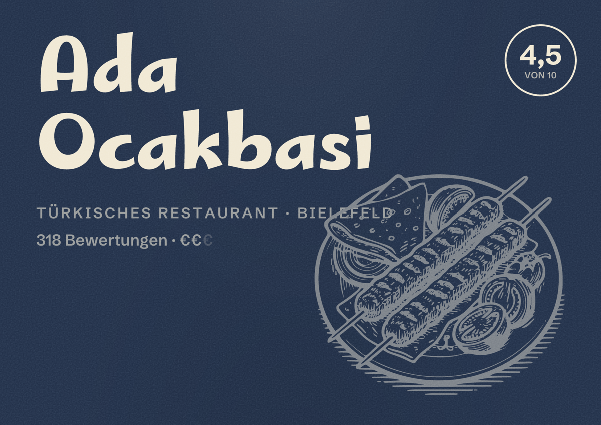 Illustriertes Poster von Ada Ocakbasi, Türkisches Restaurant in Bielefeld: Bewertung 4,5 von 10 aus 318 Bewertungen, Preisniveau €€