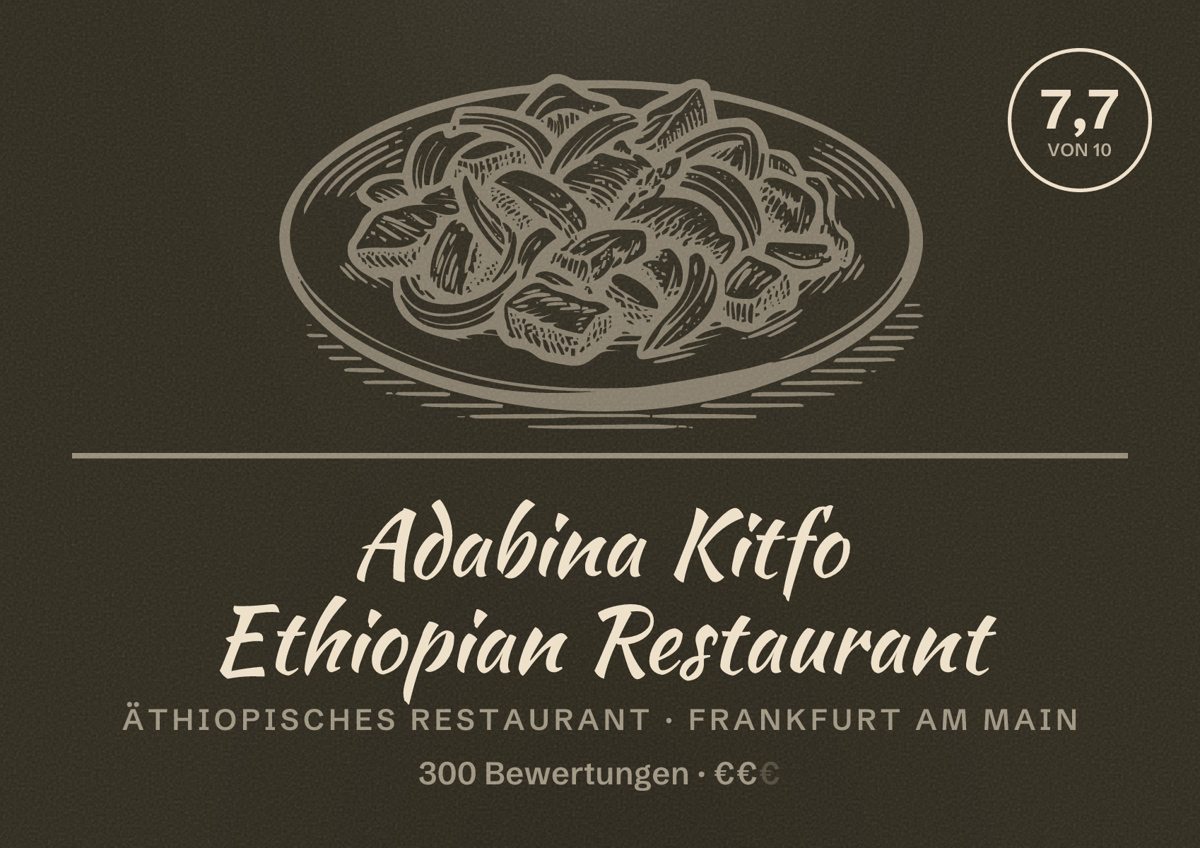 Illustriertes Poster von Adabina Kitfo Ethiopian Restaurant, Äthiopisches Restaurant in Frankfurt am Main: Bewertung 7,7 von 10 aus 300 Bewertungen, Preisniveau €€