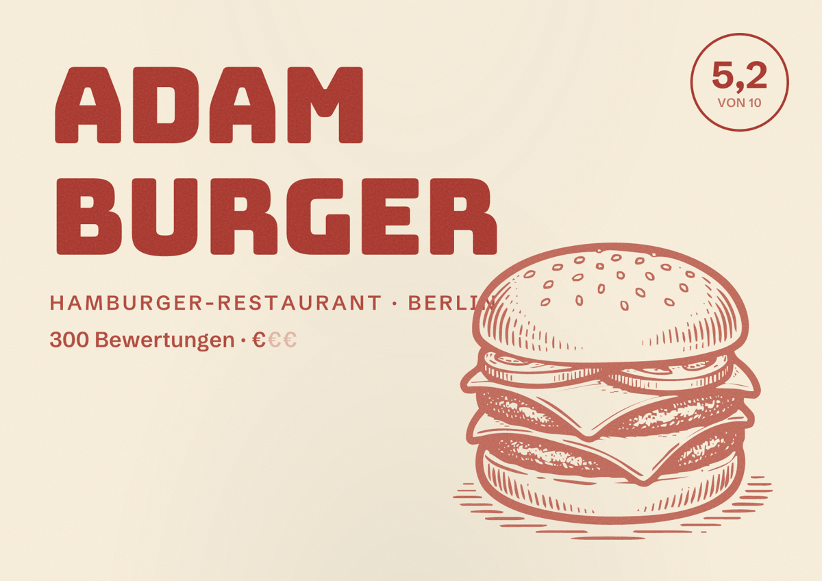 Illustriertes Poster von Adam Burger, Hamburger-Restaurant in Berlin: Bewertung 5,2 von 10 aus 300 Bewertungen, Preisniveau €