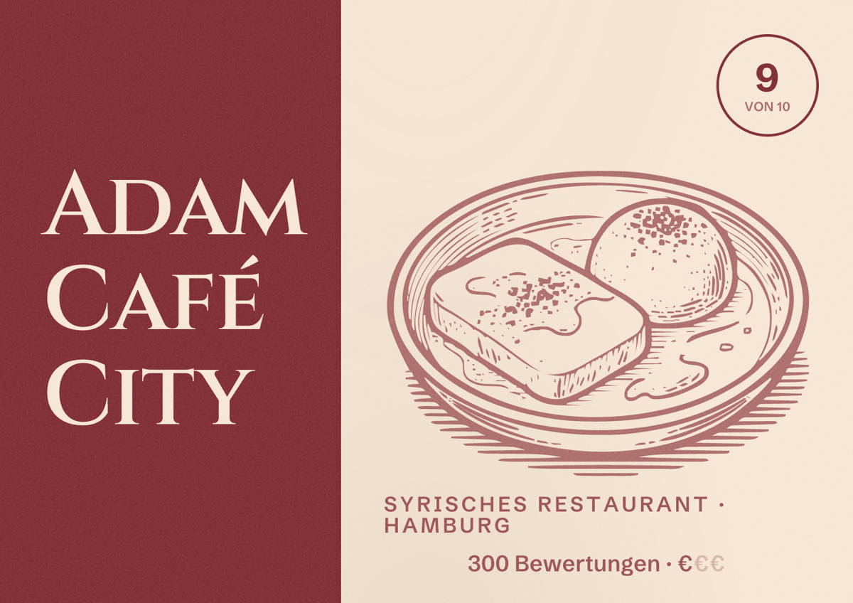 Illustriertes Poster von Adam Café City, Syrisches Restaurant in Hamburg: Bewertung 9,0 von 10 aus 300 Bewertungen, Preisniveau €