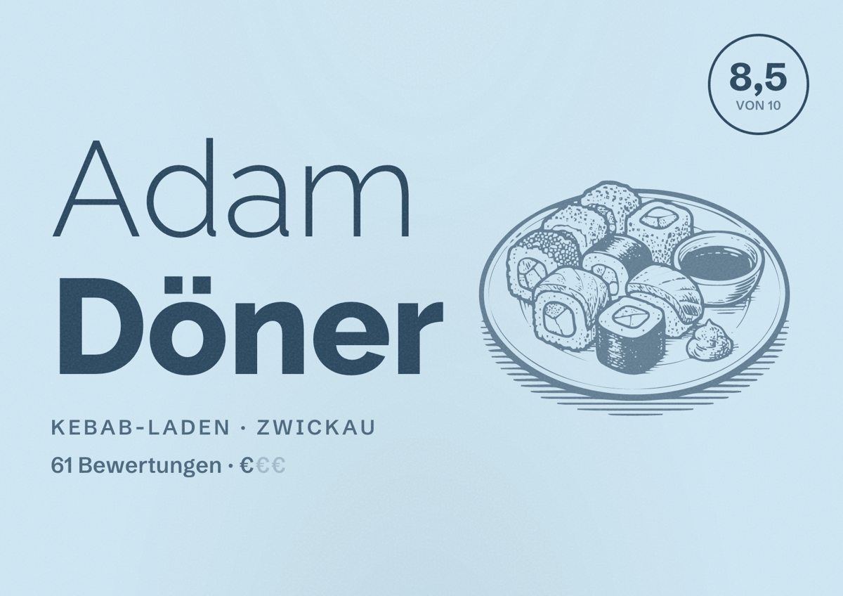 Illustriertes Poster von Adam Döner, Kebab-Laden in Zwickau: Bewertung 8,5 von 10 aus 61 Bewertungen, Preisniveau €