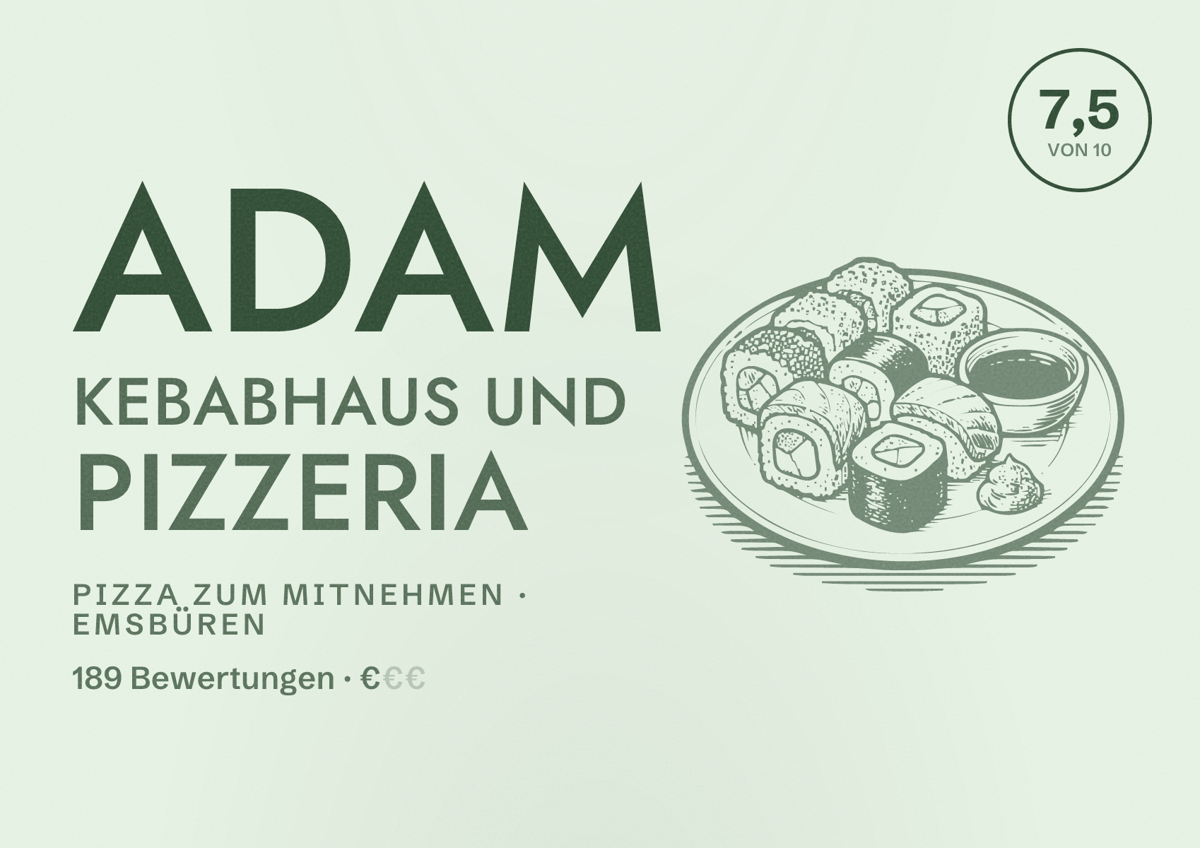 Illustriertes Poster von Adam Kebabhaus und Pizzeria, Pizza zum Mitnehmen in Emsbüren: Bewertung 7,5 von 10 aus 189 Bewertungen, Preisniveau €