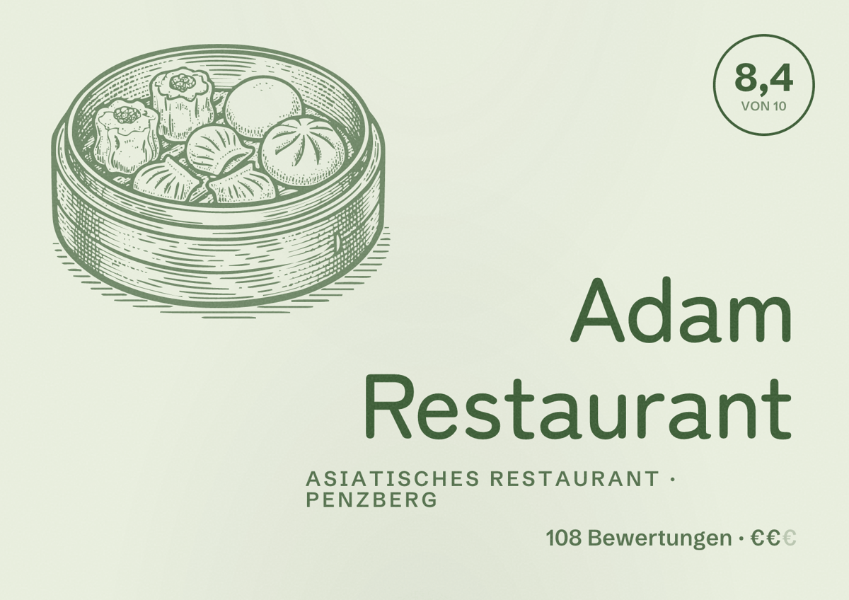 Illustriertes Poster von Adam Restaurant, Asiatisches Restaurant in Penzberg: Bewertung 8,4 von 10 aus 108 Bewertungen, Preisniveau €€