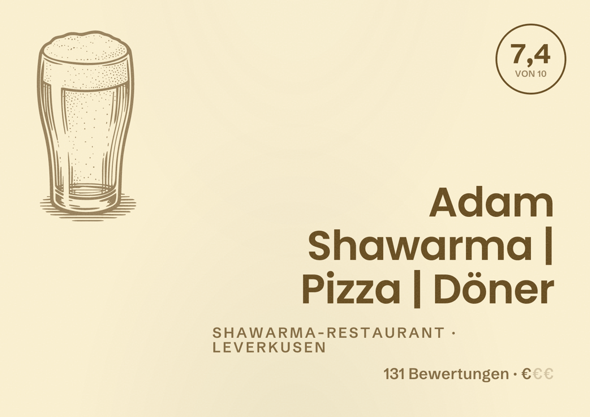Illustriertes Poster von Adam Shawarma | Pizza | Döner, Shawarma-Restaurant in Leverkusen: Bewertung 7,4 von 10 aus 131 Bewertungen, Preisniveau €