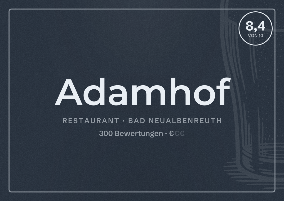 Illustriertes Poster von Adamhof, Restaurant in Bad Neualbenreuth: Bewertung 8,4 von 10 aus 300 Bewertungen, Preisniveau €