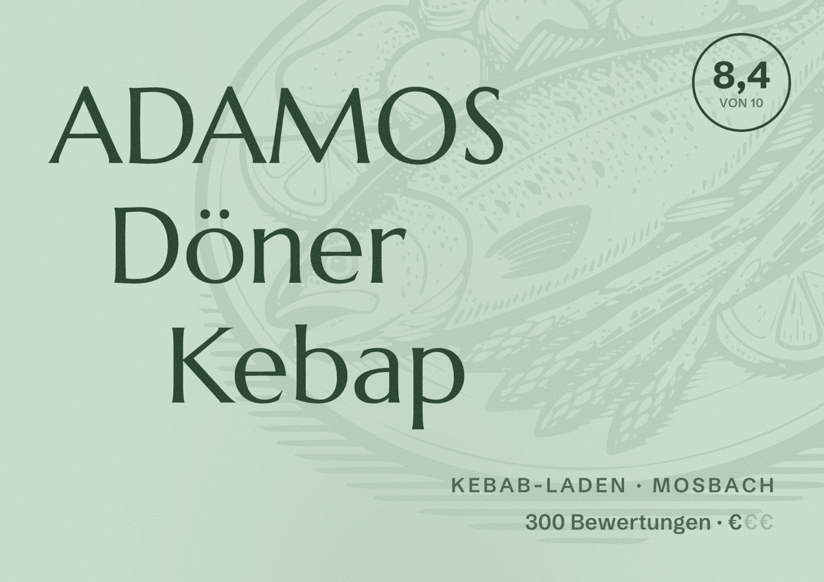 Illustriertes Poster von ADAMOS Döner Kebap, Kebab-Laden in Mosbach: Bewertung 8,4 von 10 aus 300 Bewertungen, Preisniveau €