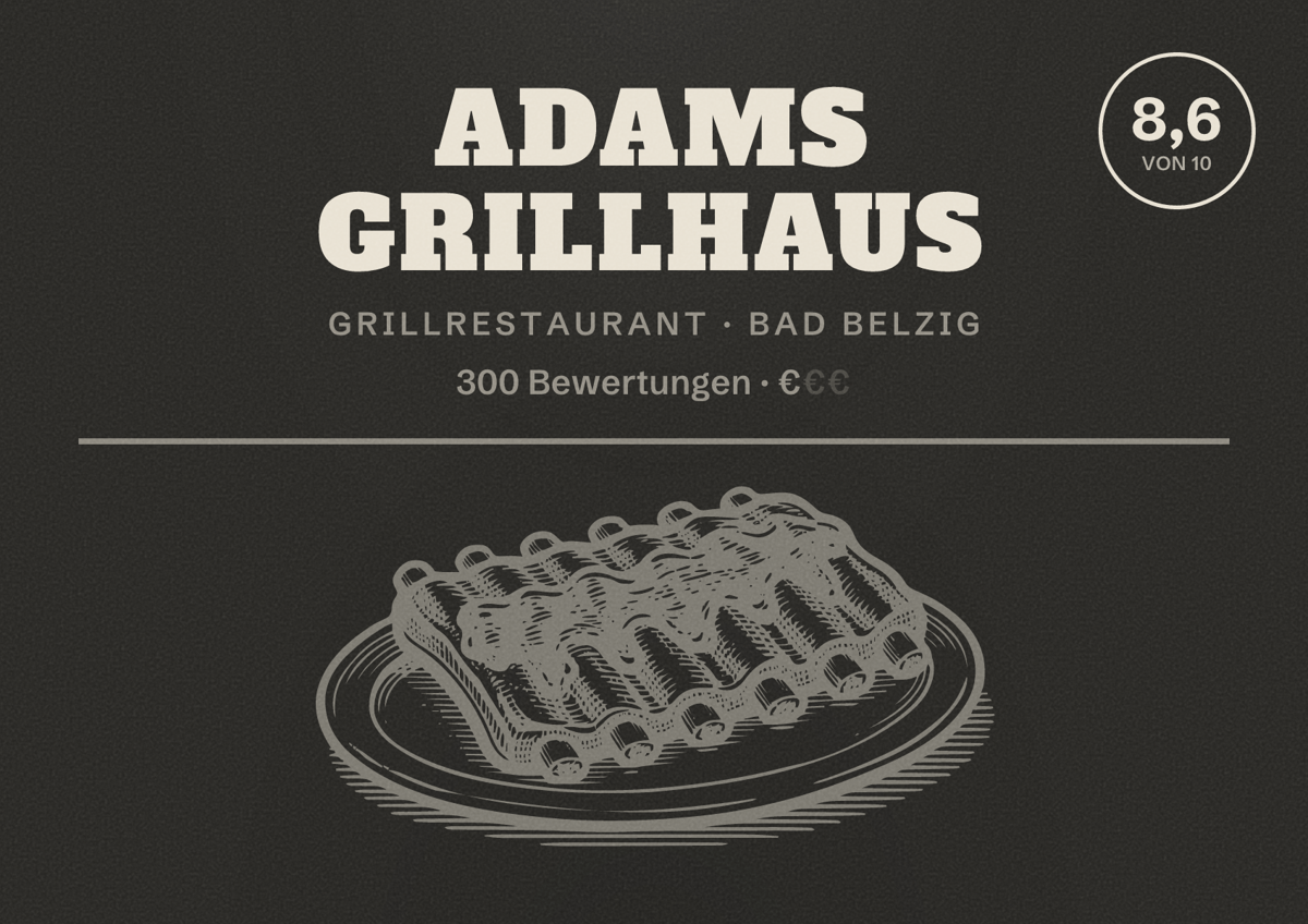 Illustriertes Poster von Adams Grillhaus, Grillrestaurant in Bad Belzig: Bewertung 8,6 von 10 aus 300 Bewertungen, Preisniveau €