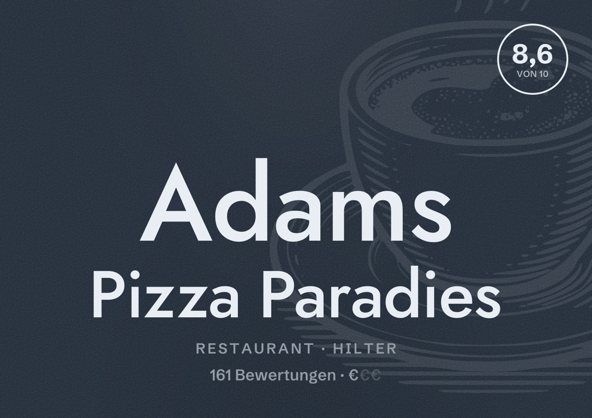 Illustriertes Poster von Adams Pizza Paradies, Restaurant in Hilter: Bewertung 8,6 von 10 aus 161 Bewertungen, Preisniveau €