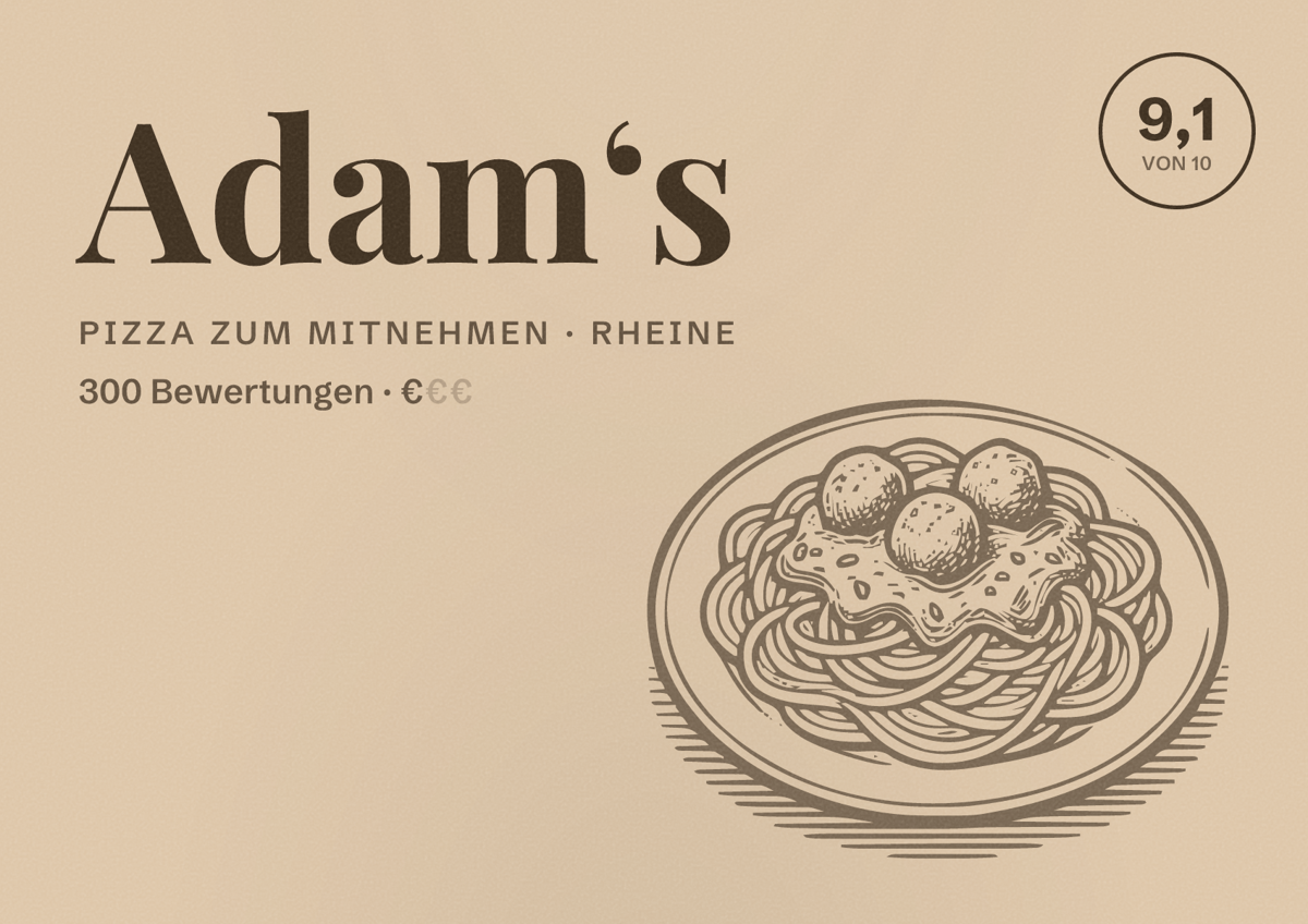 Illustriertes Poster von Adam‘s, Pizza zum Mitnehmen in Rheine: Bewertung 9,1 von 10 aus 300 Bewertungen, Preisniveau €