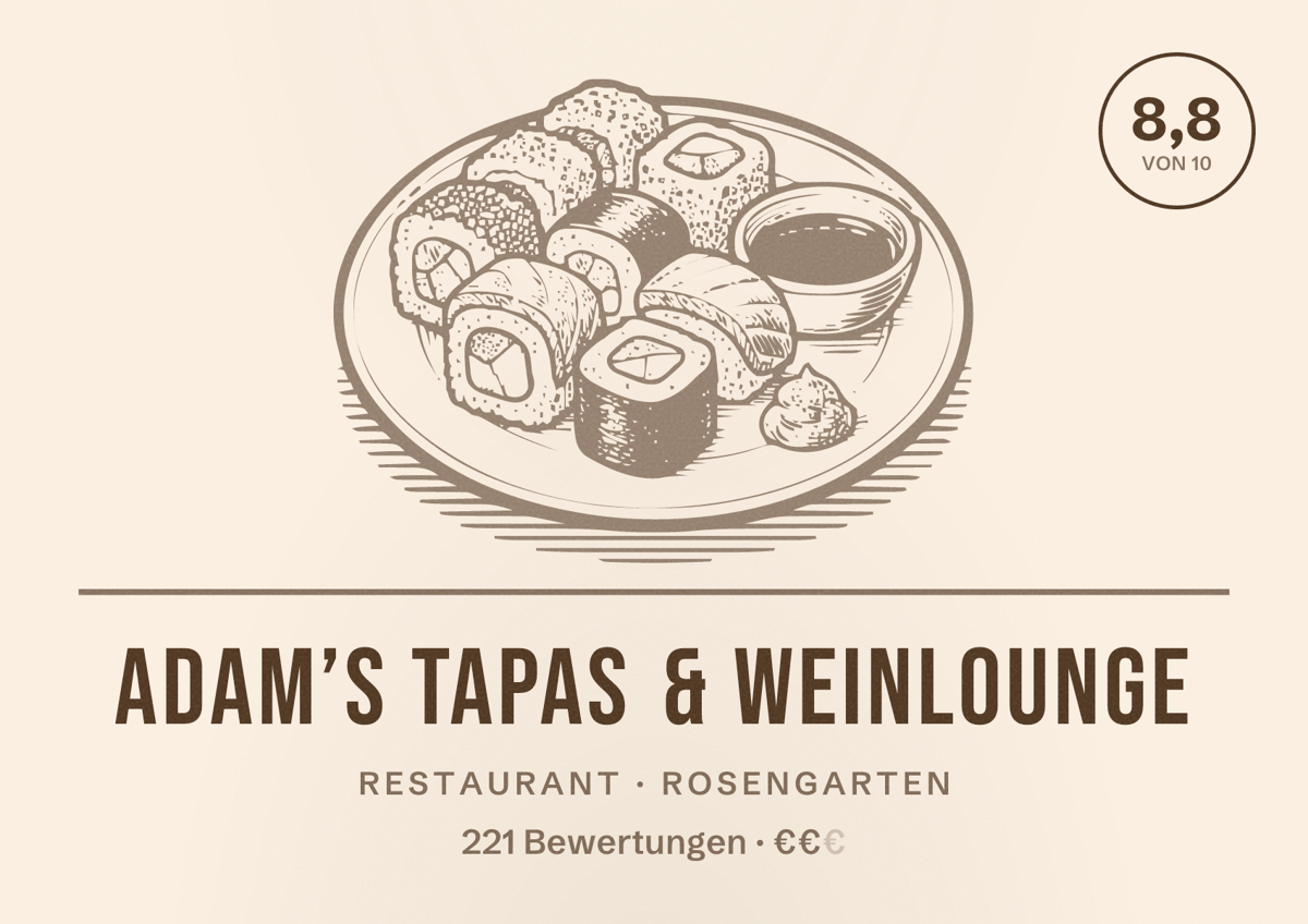 Illustriertes Poster von Adam’s Tapas & Weinlounge, Restaurant in Rosengarten: Bewertung 8,8 von 10 aus 221 Bewertungen, Preisniveau €€