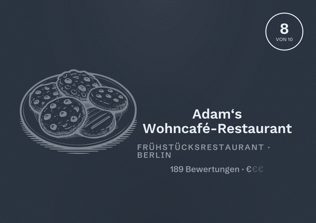 Illustriertes Poster von Adam‘s Wohncafé-Restaurant, Frühstücksrestaurant in Berlin: Bewertung 8,0 von 10 aus 189 Bewertungen, Preisniveau €