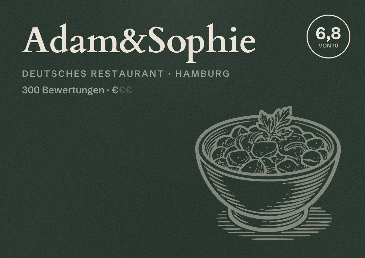 Illustriertes Poster von Adam&Sophie, Deutsches Restaurant in Hamburg: Bewertung 6,8 von 10 aus 300 Bewertungen, Preisniveau €