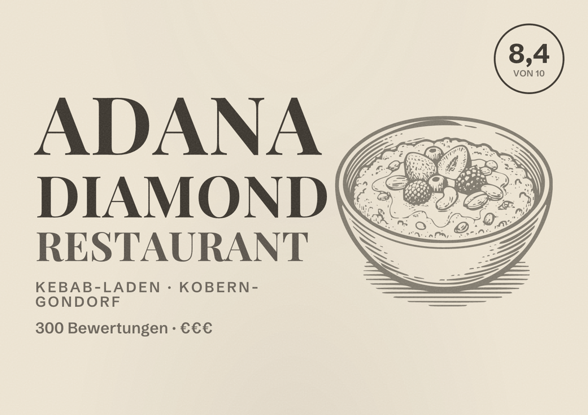 Illustriertes Poster von Adana Diamond Restaurant, Kebab-Laden in Kobern-Gondorf: Bewertung 8,4 von 10 aus 300 Bewertungen, Preisniveau €€€
