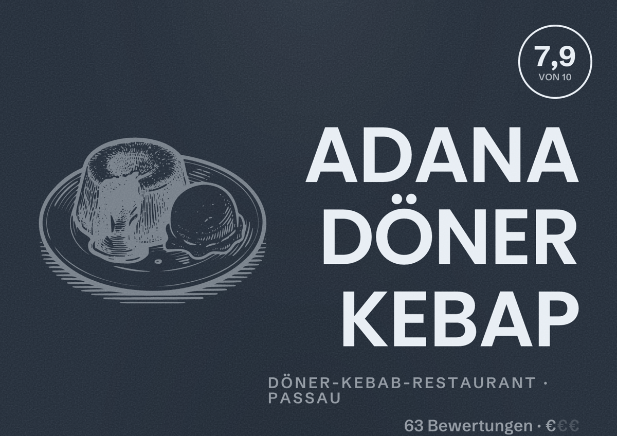 Illustriertes Poster von ADANA DÖNER KEBAP, Döner-Kebab-Restaurant in Passau: Bewertung 7,9 von 10 aus 63 Bewertungen, Preisniveau €