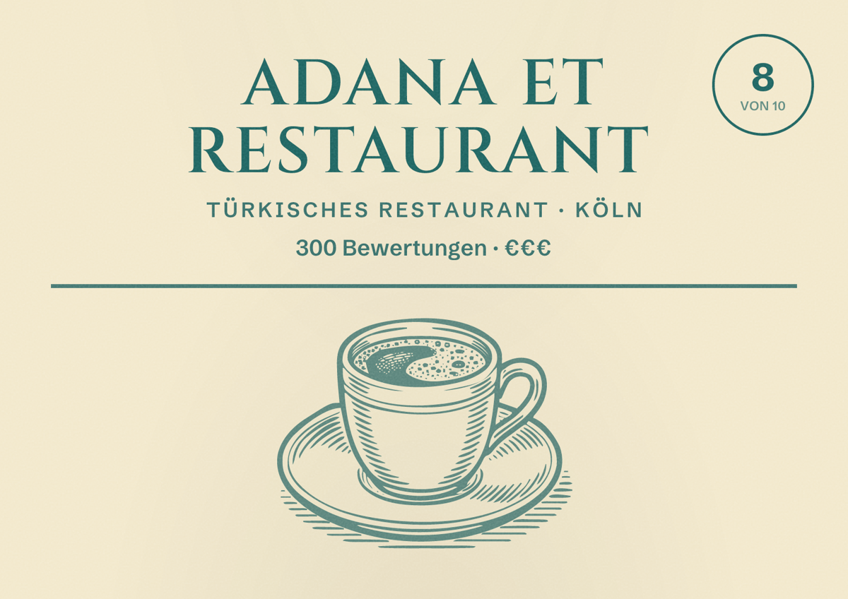 Illustriertes Poster von Adana Et Restaurant, Türkisches Restaurant in Köln: Bewertung 8,0 von 10 aus 300 Bewertungen, Preisniveau €€€
