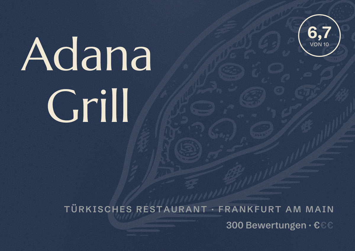 Illustriertes Poster von Adana Grill, Türkisches Restaurant in Frankfurt am Main: Bewertung 6,7 von 10 aus 300 Bewertungen, Preisniveau €