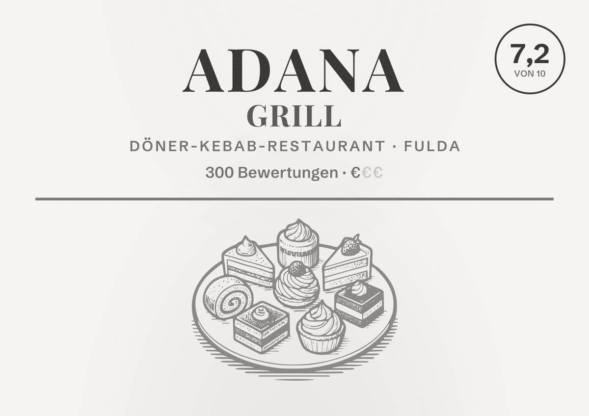 Illustriertes Poster von Adana Grill, Döner-Kebab-Restaurant in Fulda: Bewertung 7,2 von 10 aus 300 Bewertungen, Preisniveau €