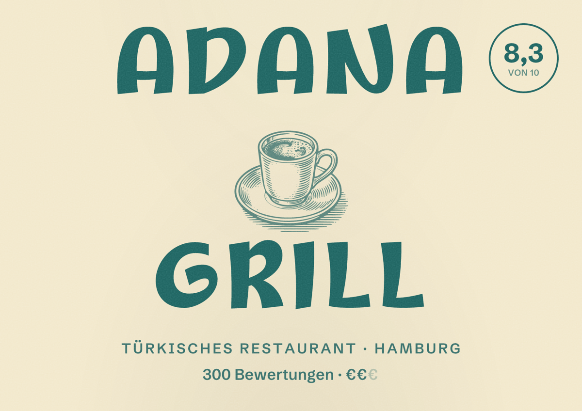 Illustriertes Poster von Adana Grill, Türkisches Restaurant in Hamburg: Bewertung 8,3 von 10 aus 300 Bewertungen, Preisniveau €€