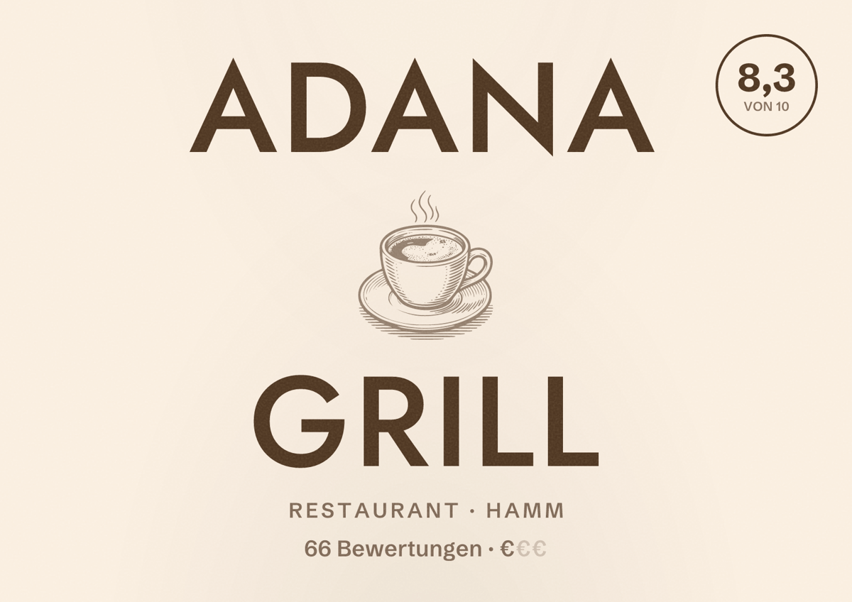 Illustriertes Poster von Adana Grill, Restaurant in Hamm: Bewertung 8,3 von 10 aus 66 Bewertungen, Preisniveau €