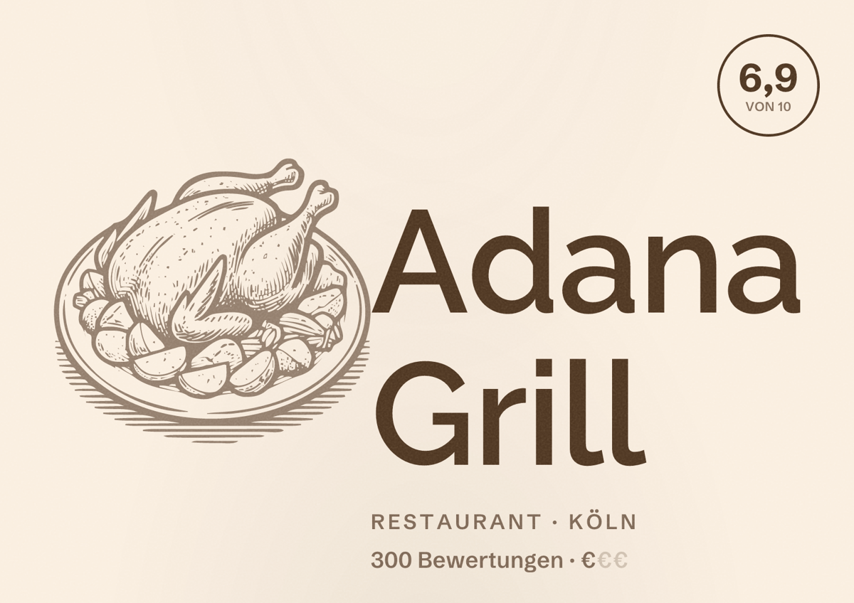 Illustriertes Poster von Adana Grill, Restaurant in Köln: Bewertung 6,9 von 10 aus 300 Bewertungen, Preisniveau €