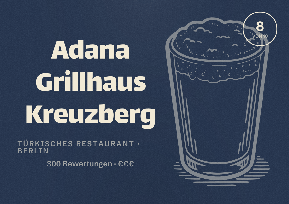 Illustriertes Poster von Adana Grillhaus Kreuzberg, Türkisches Restaurant in Berlin: Bewertung 8,0 von 10 aus 300 Bewertungen, Preisniveau €€€