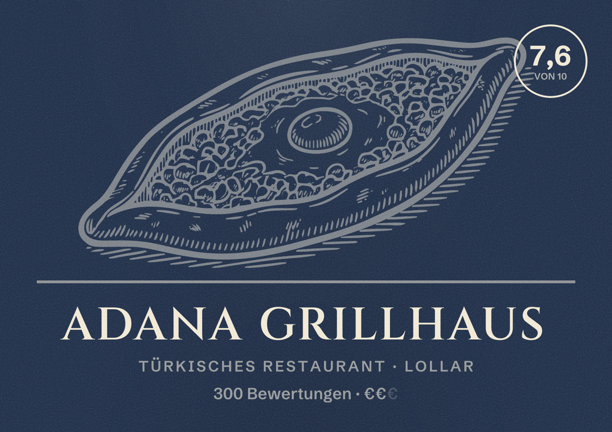 Illustriertes Poster von Adana Grillhaus, Türkisches Restaurant in Lollar: Bewertung 7,6 von 10 aus 300 Bewertungen, Preisniveau €€