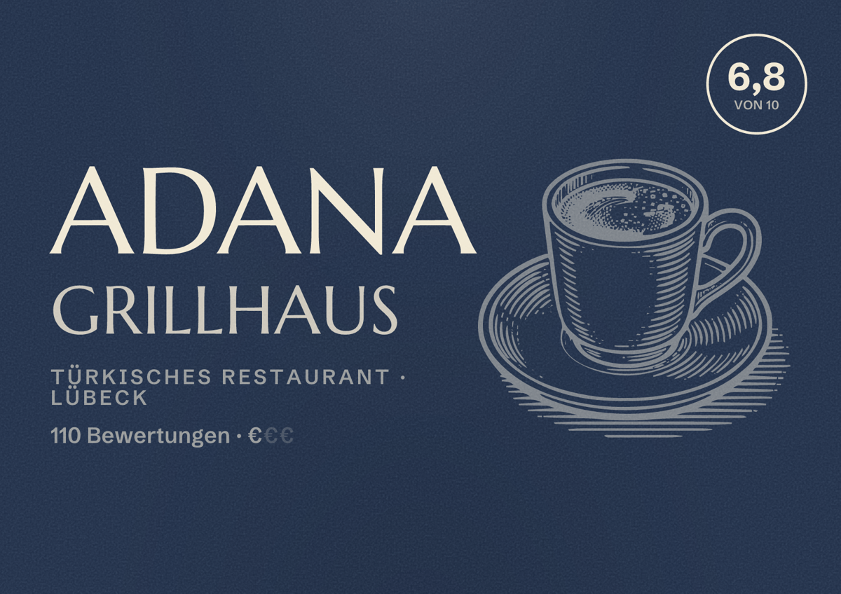 Illustriertes Poster von Adana Grillhaus, Türkisches Restaurant in Lübeck: Bewertung 6,8 von 10 aus 110 Bewertungen, Preisniveau €