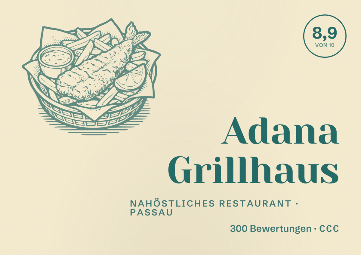 Illustriertes Poster von Adana Grillhaus, Nahöstliches Restaurant in Passau: Bewertung 8,9 von 10 aus 300 Bewertungen, Preisniveau €€€