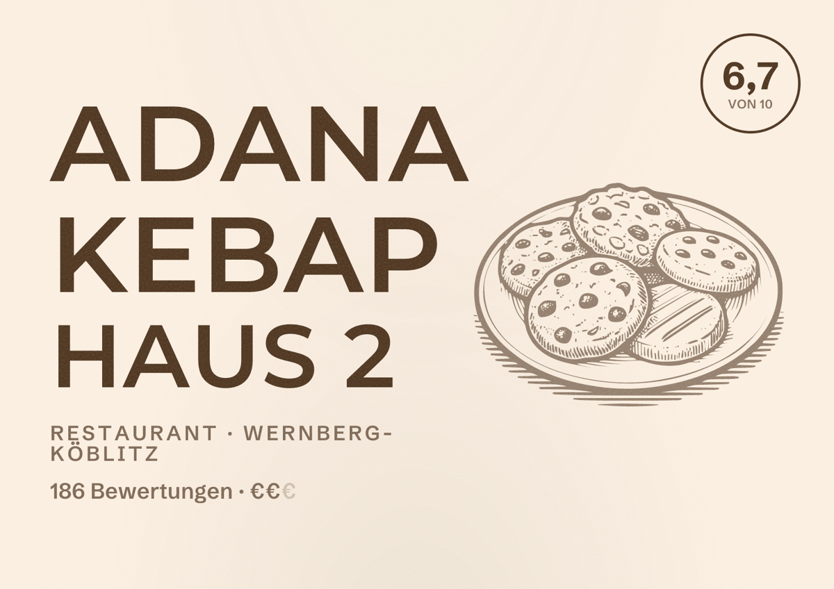 Illustriertes Poster von ADANA Kebap haus 2, Restaurant in Wernberg-Köblitz: Bewertung 6,7 von 10 aus 186 Bewertungen, Preisniveau €€