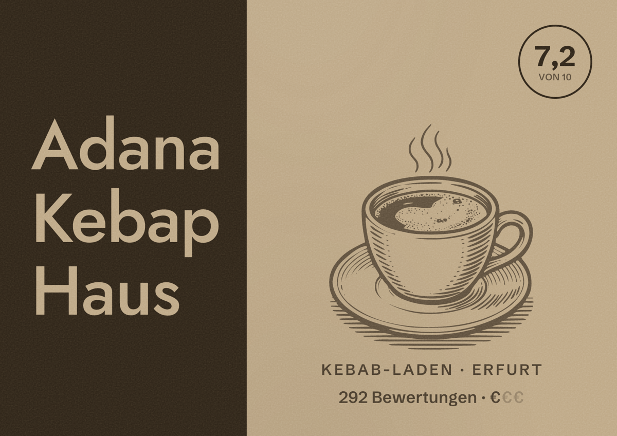 Illustriertes Poster von Adana Kebap Haus, Kebab-Laden in Erfurt: Bewertung 7,2 von 10 aus 292 Bewertungen, Preisniveau €