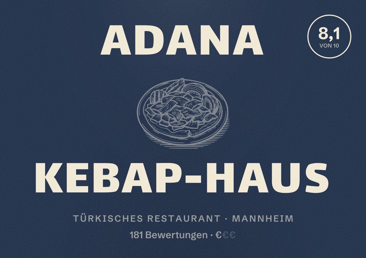 Illustriertes Poster von Adana Kebap-Haus, Türkisches Restaurant in Mannheim: Bewertung 8,1 von 10 aus 181 Bewertungen, Preisniveau €