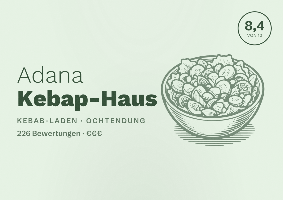 Illustriertes Poster von Adana Kebap-Haus, Kebab-Laden in Ochtendung: Bewertung 8,4 von 10 aus 226 Bewertungen, Preisniveau €€€