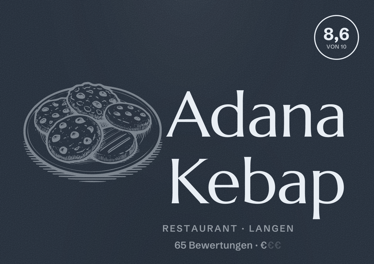 Illustriertes Poster von Adana Kebap, Restaurant in Langen: Bewertung 8,6 von 10 aus 65 Bewertungen, Preisniveau €