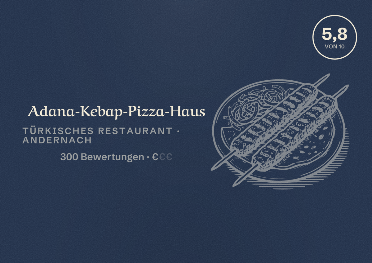 Illustriertes Poster von Adana-Kebap-Pizza-Haus, Türkisches Restaurant in Andernach: Bewertung 5,8 von 10 aus 300 Bewertungen, Preisniveau €