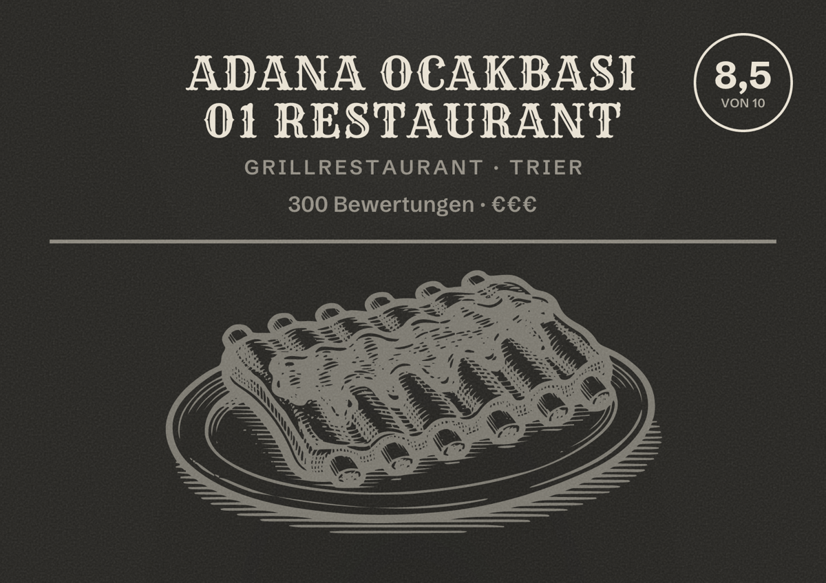 Illustriertes Poster von Adana Ocakbasi 01 Restaurant, Grillrestaurant in Trier: Bewertung 8,5 von 10 aus 300 Bewertungen, Preisniveau €€€