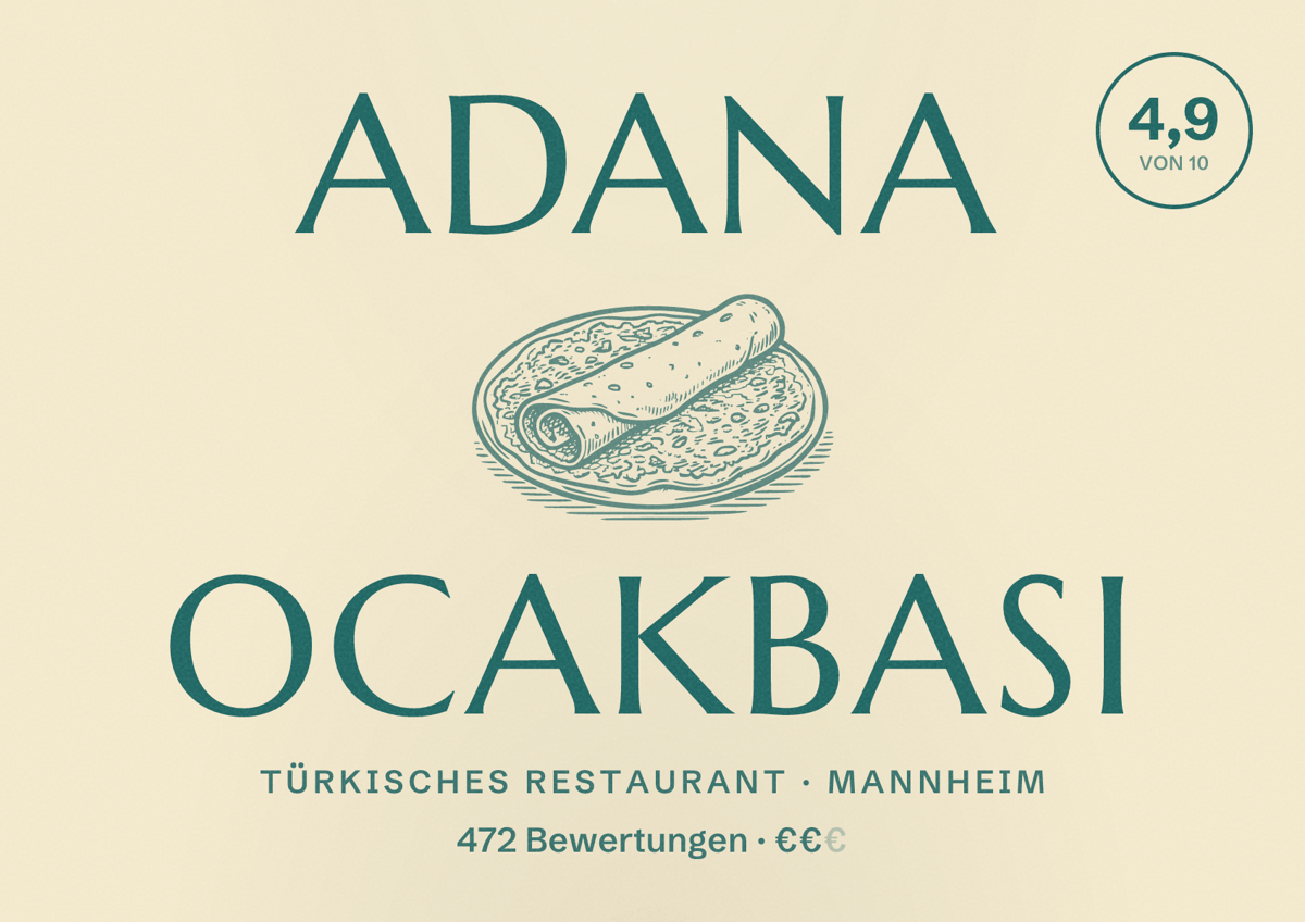 Illustriertes Poster von ADANA Ocakbasi, Türkisches Restaurant in Mannheim: Bewertung 4,9 von 10 aus 472 Bewertungen, Preisniveau €€