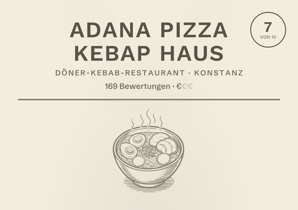 Illustriertes Poster von Adana pizza Kebap haus, Döner-Kebab-Restaurant in Konstanz: Bewertung 7 von 10 aus 169 Bewertungen, Preisniveau €