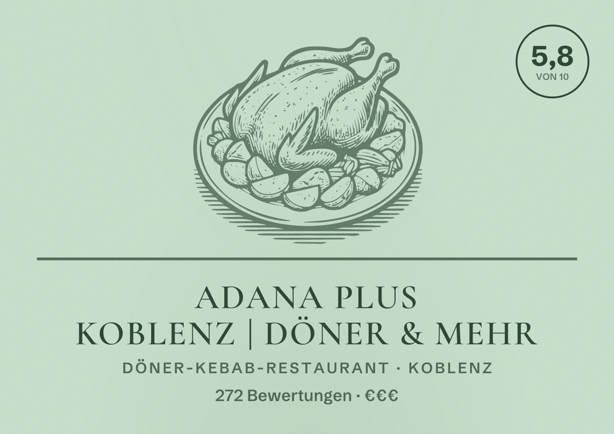 Illustriertes Poster von Adana plus Koblenz | Döner & mehr, Döner-Kebab-Restaurant in Koblenz: Bewertung 5,8 von 10 aus 272 Bewertungen, Preisniveau €€€