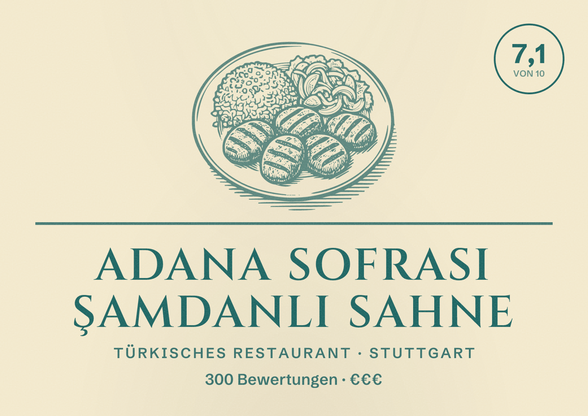 Illustriertes Poster von Adana Sofrasi Şamdanli Sahne, Türkisches Restaurant in Stuttgart: Bewertung 7,1 von 10 aus 300 Bewertungen, Preisniveau €€€