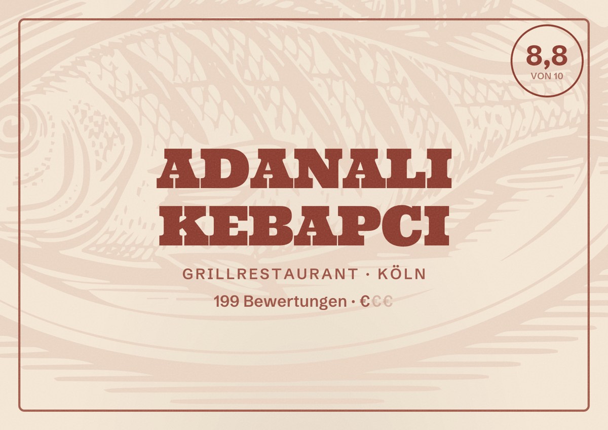 Illustriertes Poster von ADANALI KEBAPCI, Grillrestaurant in Köln: Bewertung 8,8 von 10 aus 199 Bewertungen, Preisniveau €