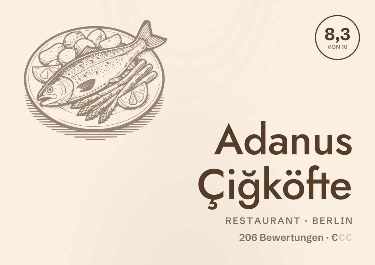 Illustriertes Poster von Adanus Çiğköfte, Restaurant in Berlin: Bewertung 8,3 von 10 aus 206 Bewertungen, Preisniveau €