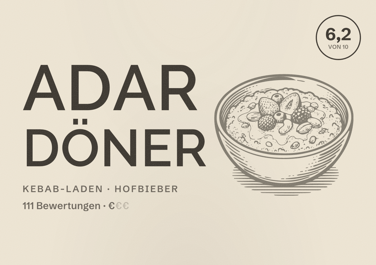 Illustriertes Poster von Adar Döner, Kebab-Laden in Hofbieber: Bewertung 6,2 von 10 aus 111 Bewertungen, Preisniveau €